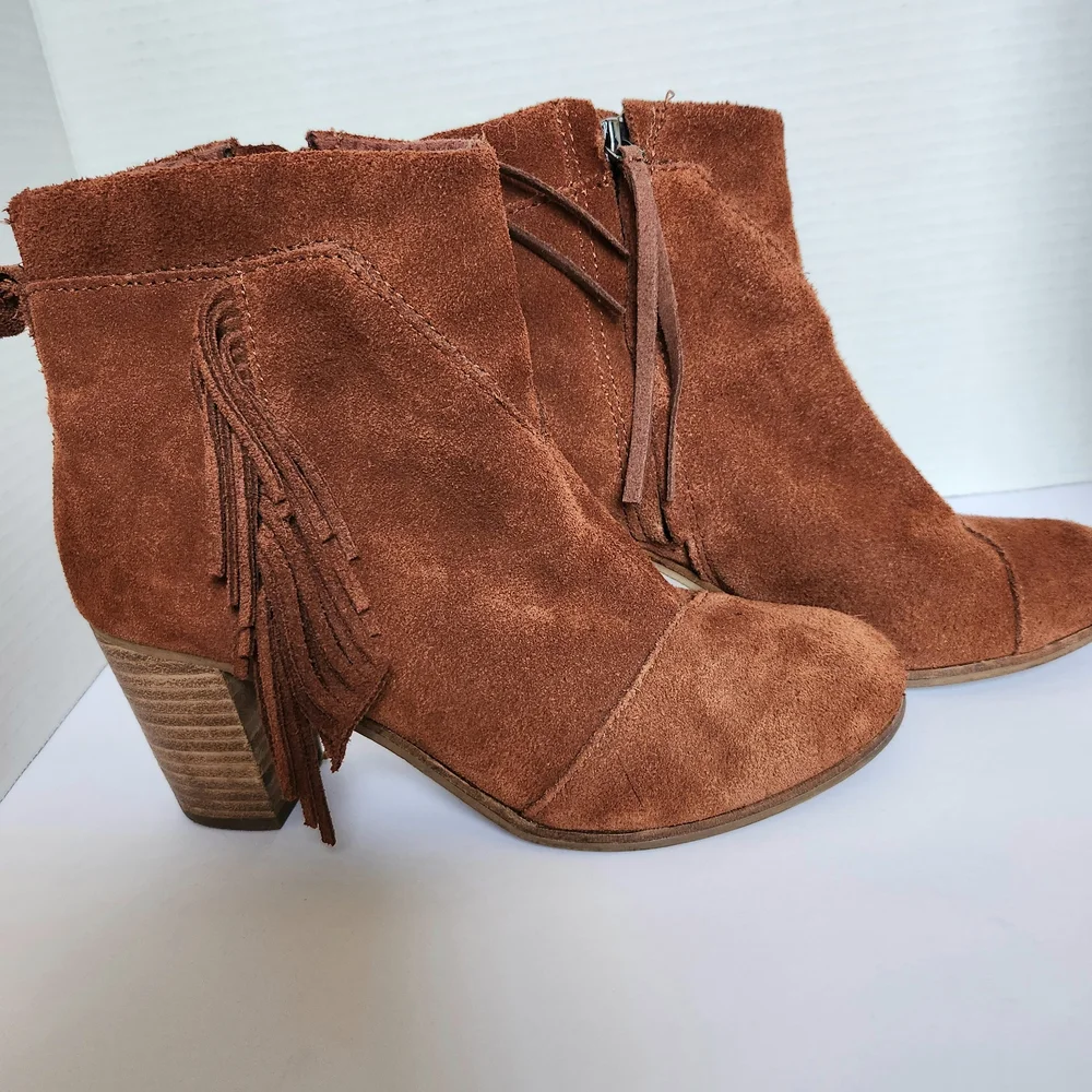 Toms Fringe Suede Ankle Boots - Brown Rust Pumpkin Womens 7.5